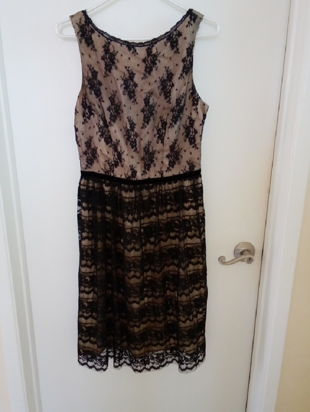 Sleeveless Beige Midi Dress with Black Lace Overlay